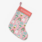 クリスマスかわいいガーリーユニコーンパーソナライズされた虹 スモールクリスマスストッキング (正面 (吊り時))