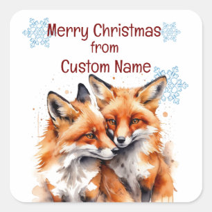 クリスマスかわいいキツネカップルカスタマイズ動物 スクエアシール