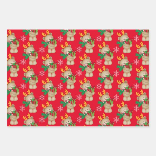 クリスマスかわいいクマの休日プレゼント雪の結晶 ラッピングペーパーシート (正面)