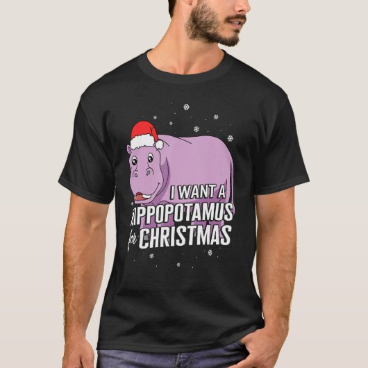 クリスマスかわいいクリスマスにカバが欲しい Tシャツ (正面)