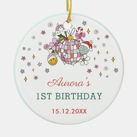 クリスマスかわいいグルービーボール誕生日パーティー セラミックオーナメント (正面)