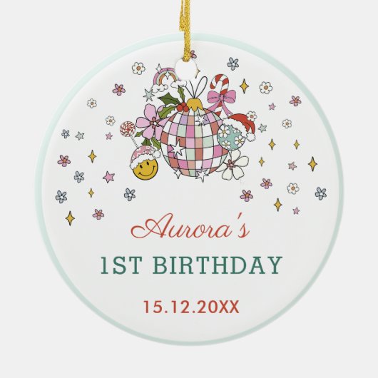 クリスマスかわいいグルービーボール誕生日パーティー セラミックオーナメント (裏面)