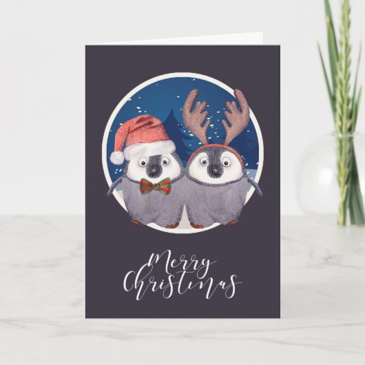 クリスマスかわいいサンタとトナカイのペンギンカップル シーズンカード (正面)