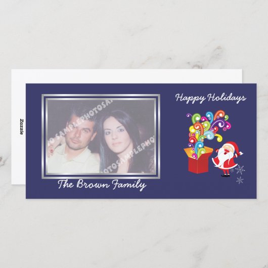 クリスマスかわいいサンタクロースとギフトボックスの写真カード シーズンカード (正面/裏面)