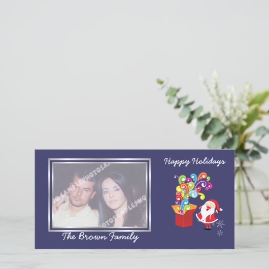 クリスマスかわいいサンタクロースとギフトボックスの写真カード シーズンカード (スタンド正面)