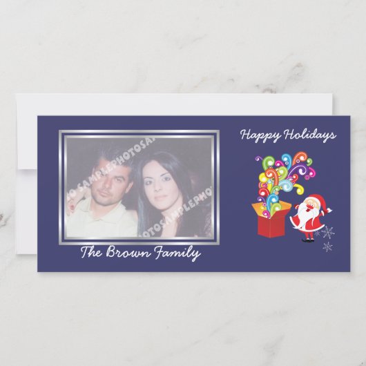 クリスマスかわいいサンタクロースとギフトボックスの写真カード シーズンカード (正面)