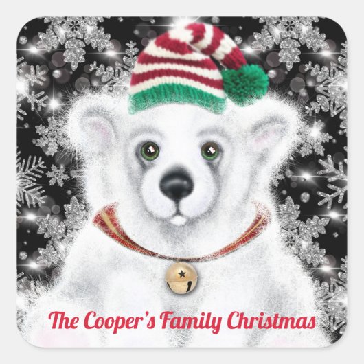 クリスマスかわいいサンタポーラベアかわいいキュブ雪の結晶 スクエアシール (正面)