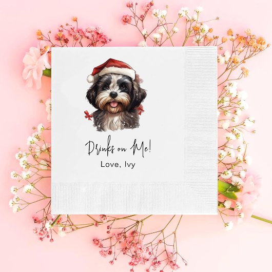 クリスマスかわいいシーズー（犬）豆犬が飲む 縁ありカクテルナプキン
