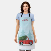 クリスマスかわいいスクリプト水の色素朴赤トラック エプロン (着用した状態)