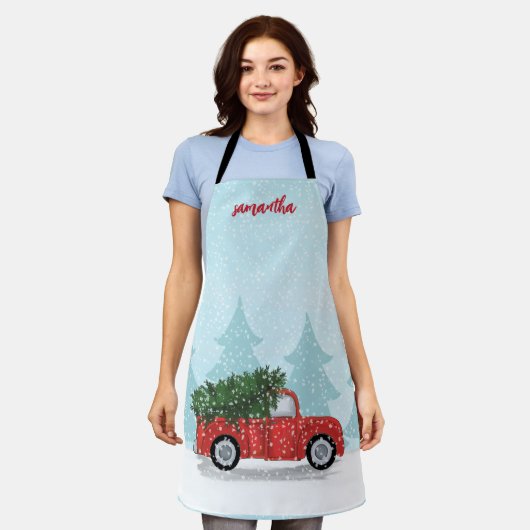 クリスマスかわいいスクリプト水の色素朴赤トラック エプロン (着用した状態)