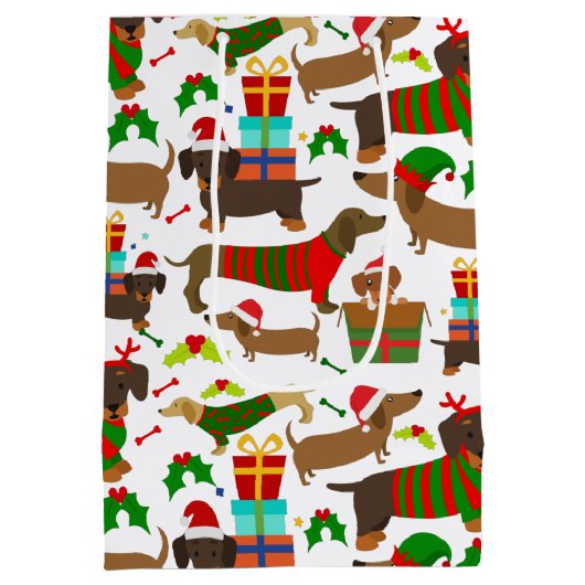 クリスマスかわいいダックスフント犬のパターン ミディアムペーパーバッグ (裏面)