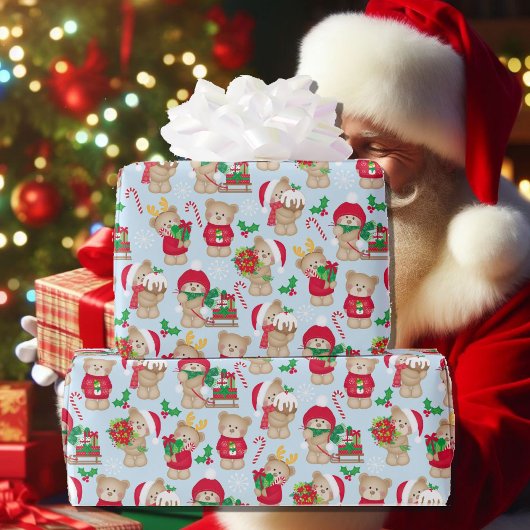 クリスマスかわいいテディベアーズホリーキャンディーキャン ラッピングペーパー