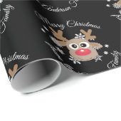 クリスマスかわいいトナカイのスクリプト雪の結晶ブラック ラッピングペーパー (ロールコーナー)