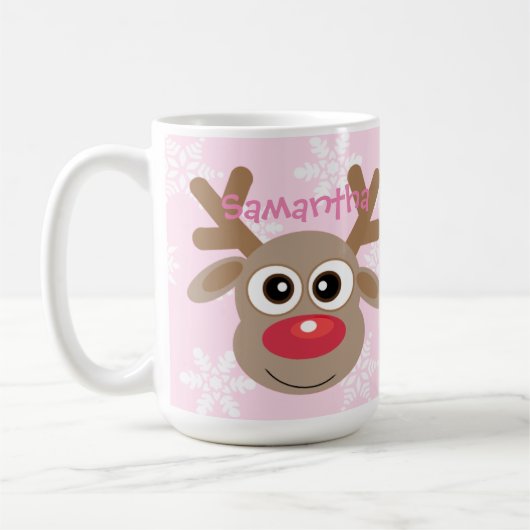 クリスマスかわいいトナカイの漫画の雪のピンク コーヒーマグカップ (左)
