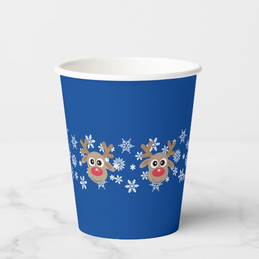クリスマスかわいいトナカイの漫画の雪の結晶ブルー 紙コップ (正面)
