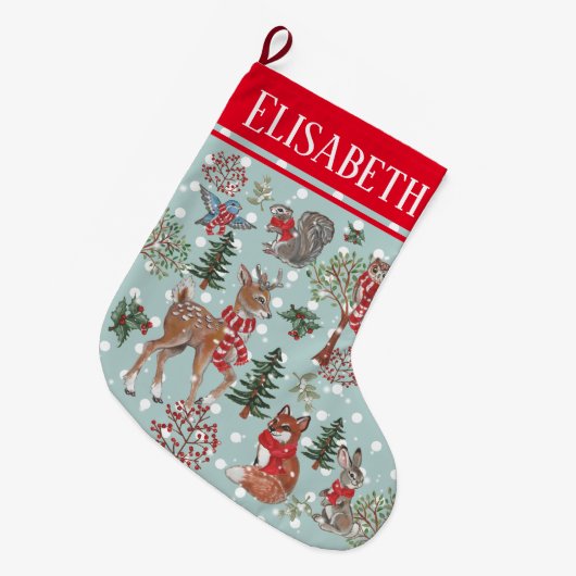 クリスマスかわいいトナカイの雪の森の動物たち ラージクリスマスストッキング (正面 (吊り時))