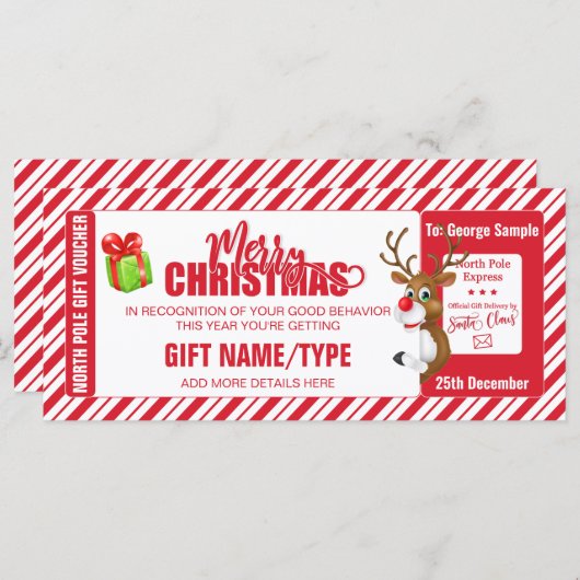 クリスマスかわいいトナカイチケット、ギフトカード/バウチャー (正面/裏面)