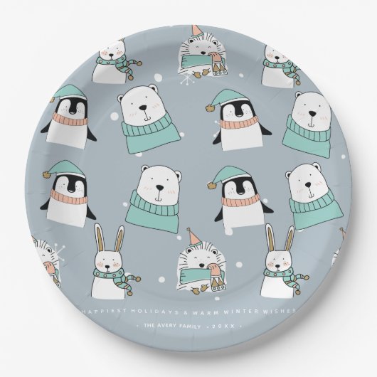 クリスマスかわいいパーソナライズされた動物 ペーパープレート (正面)