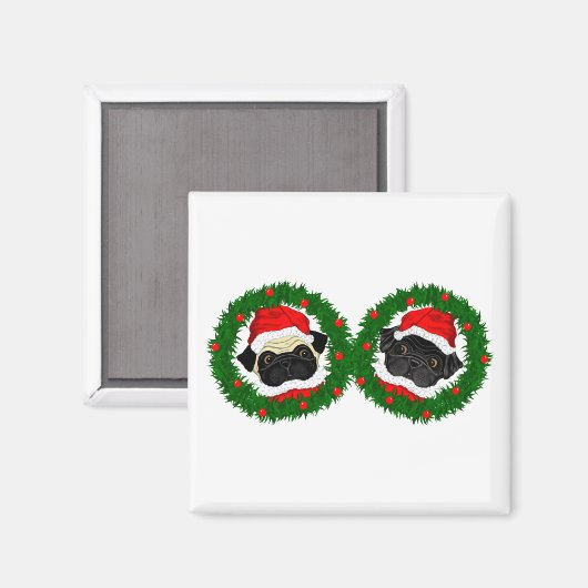 クリスマスかわいいブラックパグとポーンサンタ マグネット (正面/裏面)
