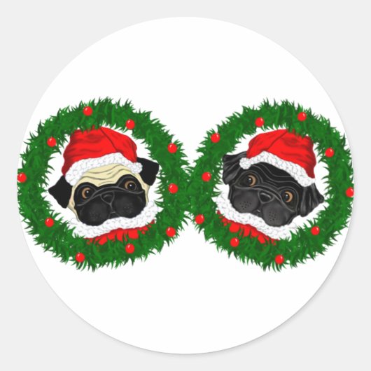 クリスマスかわいいブラックパグとポーンサンタ ラウンドシール (正面)
