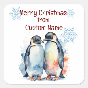 クリスマスかわいいペンギンのカップルカスタマイズ動物 スクエアシール