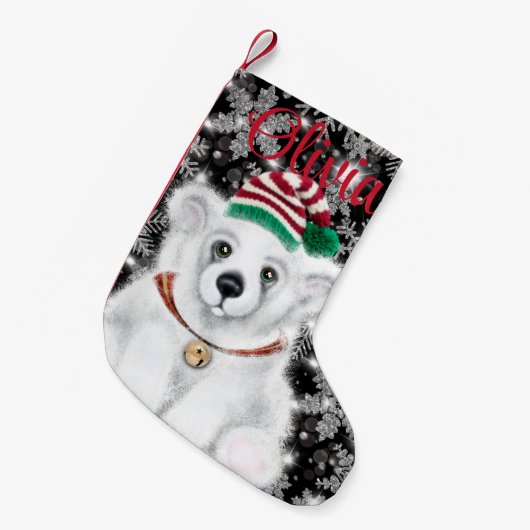 クリスマスかわいいホッキョクグマの子、サンタベアの子 スモールクリスマスストッキング (正面 (吊り時))