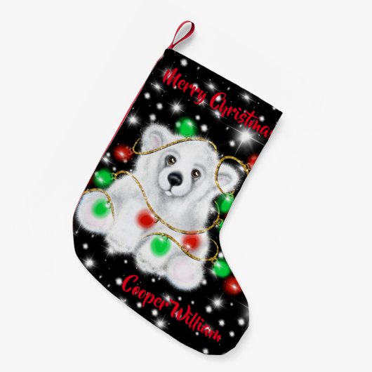 クリスマスかわいいホッキョクグマの子、サンタベアの子 スモールクリスマスストッキング (正面 (吊り時))