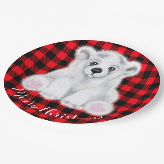 クリスマスかわいいホッキョクグマの子、サンタベアの子 ペーパープレート (アングル)