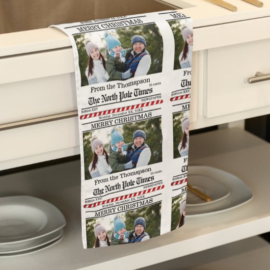 クリスマスかわいい写真お洒落新聞の柄 キッチンタオル