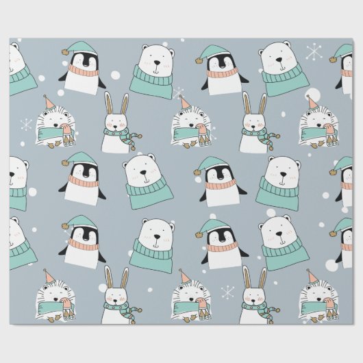 クリスマスかわいい動物の漫画スタイル ラッピングペーパー (フラット)