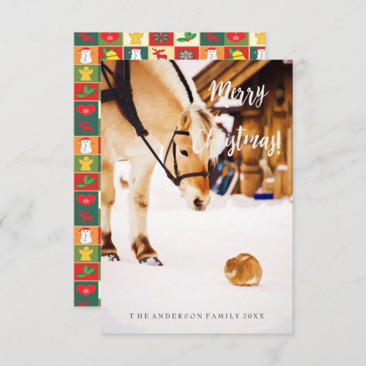 クリスマスかわいい動物の雪馬の農場の国 招待状 (正面/裏面)