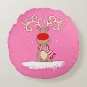 クリスマスかわいい女の子ピンクのトナカイの丸い枕 ラウンドクッション (正面)