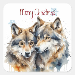 クリスマスかわいい水色オオカミ野生動物 スクエアシール