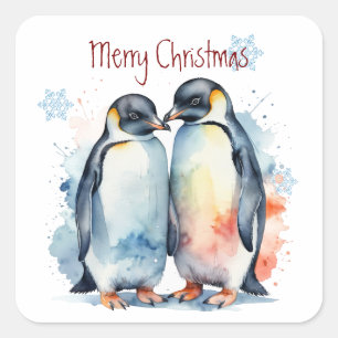 クリスマスかわいい水色ペンギンのカップル動物 スクエアシール