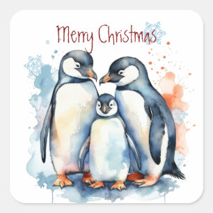 クリスマスかわいい水色ペンギン群生の動物 スクエアシール