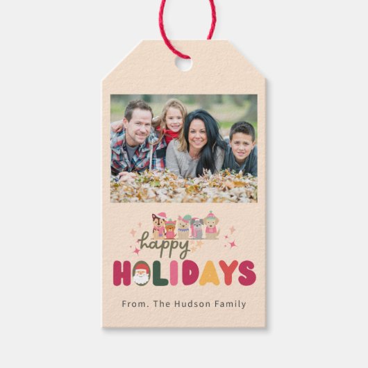 クリスマスかわいい犬のカラフルモダンホリデーカード ギフトタグ (正面)