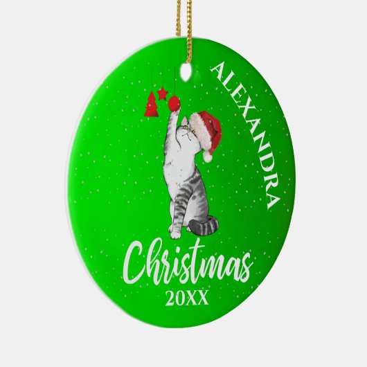 クリスマスかわいい猫サンタハットグリーンキッズ セラミックオーナメント (右)