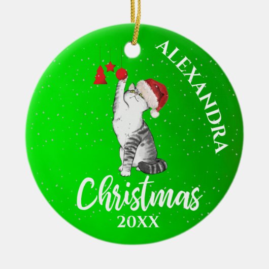 クリスマスかわいい猫サンタハットグリーンキッズ セラミックオーナメント (正面)