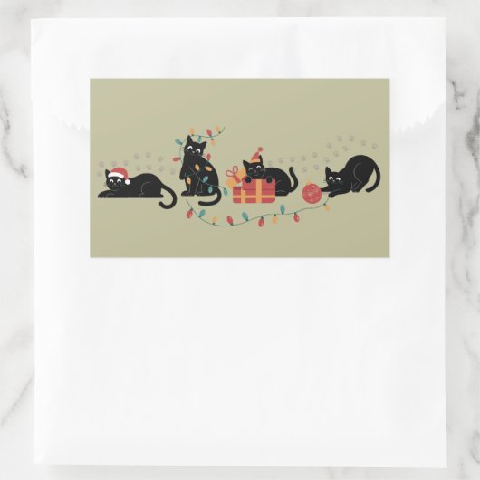クリスマスかわいい猫好きクルーのクリスマスライト 長方形シール (バッグ)