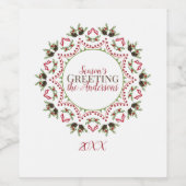 クリスマスかわいい赤いホリーベリー緑のパターン ワインラベル (シングルラベル)