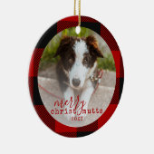 クリスマスかわいい赤い格子模様のペット犬の写真 セラミックオーナメント (右)