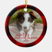 クリスマスかわいい赤い格子模様のペット犬の写真 セラミックオーナメント (正面)