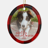 クリスマスかわいい赤い格子模様のペット犬の写真 セラミックオーナメント (左)