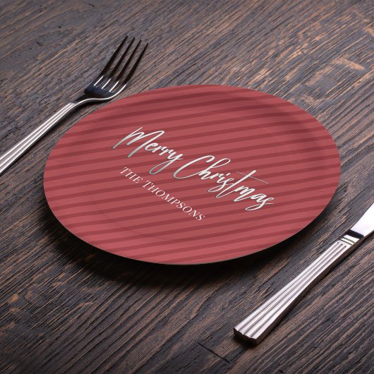 クリスマスかわいい赤お洒落書ストライプの道 ペーパープレート