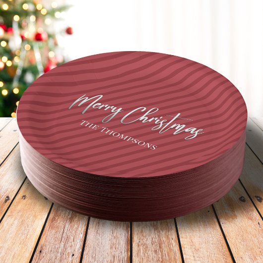 クリスマスかわいい赤お洒落書ストライプの道 ペーパープレート