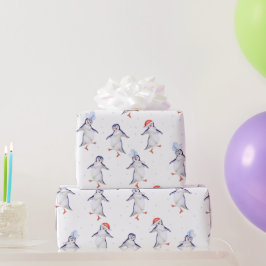 クリスマスかわいい踊りペンギン柄 ラッピングペーパー