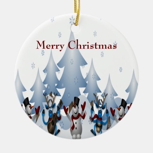 クリスマスかわいい雪だるまとトナカイ・バンド セラミックオーナメント (正面)