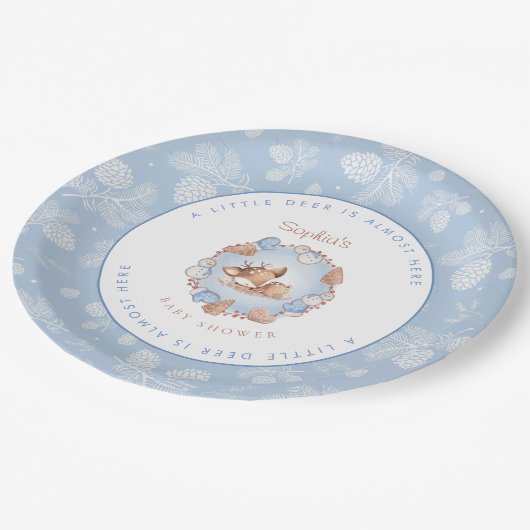 クリスマスかわいい青い鹿の男の子の赤ちゃんシャワー ペーパープレート (アングル)