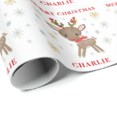 クリスマスかわいい鹿の雪のパーソナライズされた結晶の名前 ラッピングペーパー (ロールコーナー)