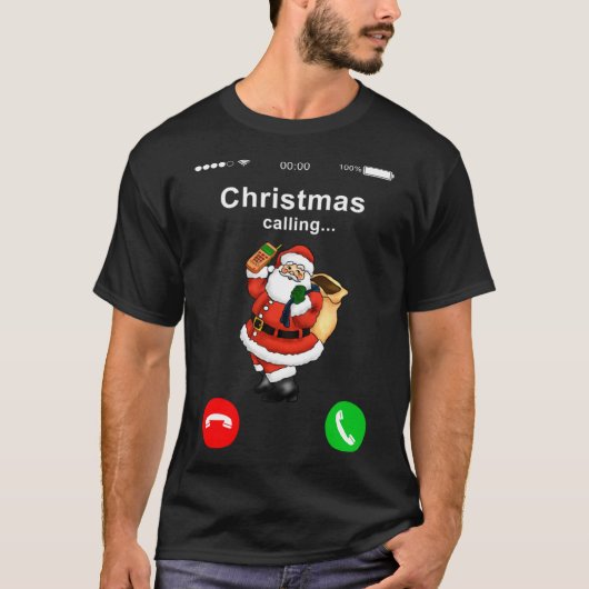 クリスマスがサンタクロースに携帯電話を呼んでいる Tシャツ (正面)